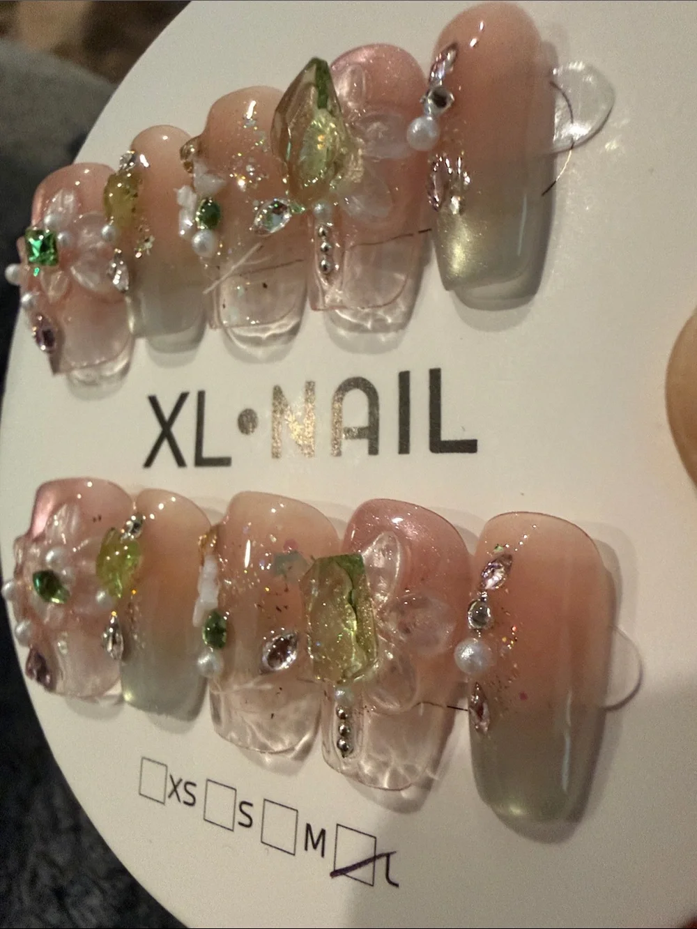 Pink and green Pearl Floral handmade acrylic Press-On Nail Set